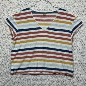 Madewell Knit T Shirt Womens Size L White Blue Red  Striped Short Sleeve‎ V Neck